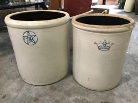 Antique crocks, 12- and 10-gallon.