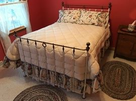 Ornate iron and brass bed w/excellent condition bedding, mattress and box spring (sold together or separately).