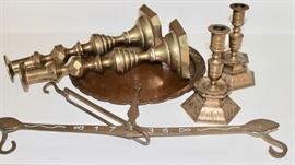 Ystad Metall Swedish mid-century candlestick; Vintage brass fish scale; Hand-hammered copper tray;  Antique diamond beehive push-up candlestick.