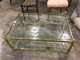 Brass two-tier glass-top table, possibly Labarge.