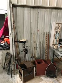 Fishing poles, small boat motor, ice fishing equipment.