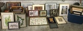 Huge selection of framed art at this sale, including many originals and many custom-framed pieces.