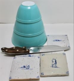 Robin Egg Blue Pyrex nesting bowls  Cutco Knives  Antique Dutch Tiles 