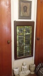 CHRIST DEPICTION ON LINEN....GREEN STAINED GLASS WINDOW...MARBLE URNS & BUDDHA
