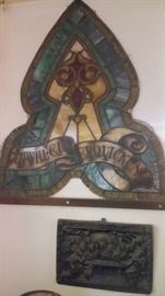 THERE ARE 4 OF THESE STAINED GLASS WINDOWS EACH HAVING A DIFFERENT WRITING ON THE SCROLLED RIBBON