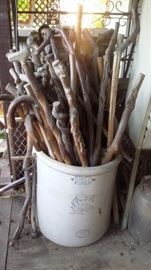 ANTIQUE 20 GAL. CROCK  filled with WALKING STICKS