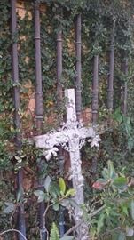 ANTIQUE FRENCH IRON CROSS in FRONT OF ANTIQUE BRASS MAUSOLEUM GATE or DOOR
