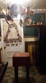 OLD SOLID WOOD BUTCHER BLOCK TABLE...COPPER POTS & PANS