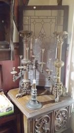 ALTER CANDLESTICKS & LEADED GLASS WINDOW