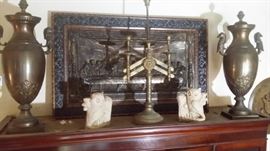 LARGE BRASS URNS WITH LIDS...ALTER CANDLESTIC...3 DIMENSIONAL METAL LAST SUPPER PLAQUE