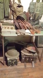 WWII HELMETS, AMMO CASES, WEIGHT CALIBRATION SET