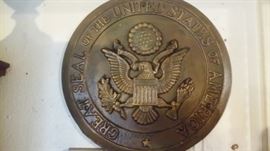 This is a 14" Brass Plated Iron Plaque of the GREAT SEAL OF THE UNITED STATES OF AMERICA....Vintage and most likely off of a federal building.