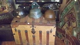 WWII HELMETS, OLD TRUNK, STAINED GLASS, ETC.