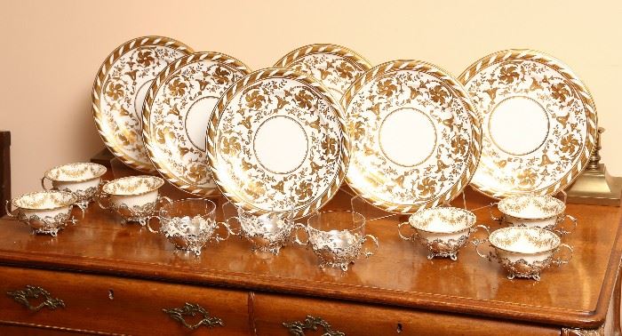Lavishly gold decorated set of china and pierced sterling holders with porcelain inserts by Lenox.