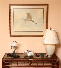 Bamboo table and great bird print.