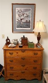 Pine chest, antique, with a variety of interesting items.