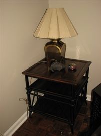Chinoiserie end table, Brass Frederick Cooper lamp, iron fish