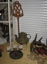 vintage teapot, rug beater, antlers