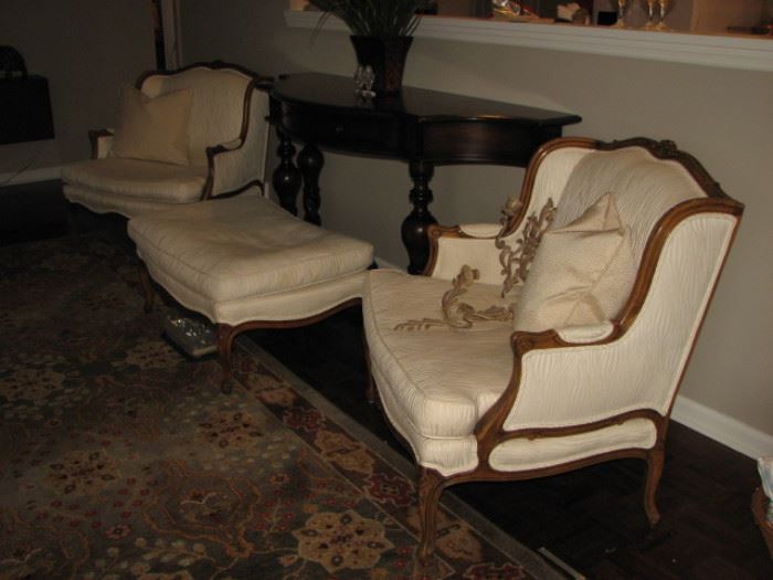 French Provincial chairs and ottoman, bow front buffet