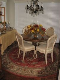 8' diameter round rug, pedestal table with 2 additional 24" leaf inserts, chandelier