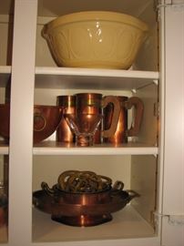 Yellow ware bowl, vintage kitchen - copper ware including Paul Revere