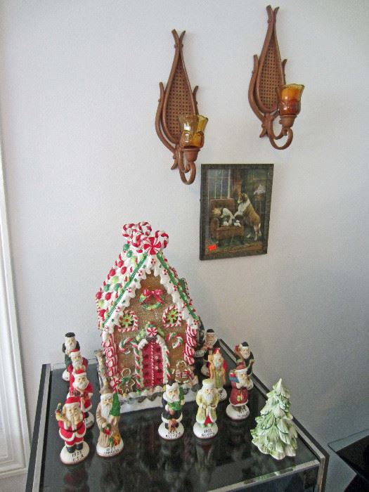 Ceramic Santas, Gingerbread house, +