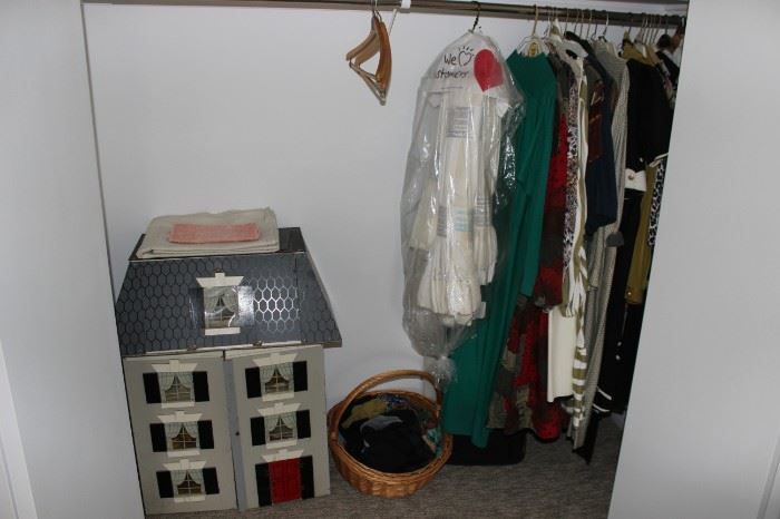 Vintage doll house with Store display doll house items.  Vintage Clothing