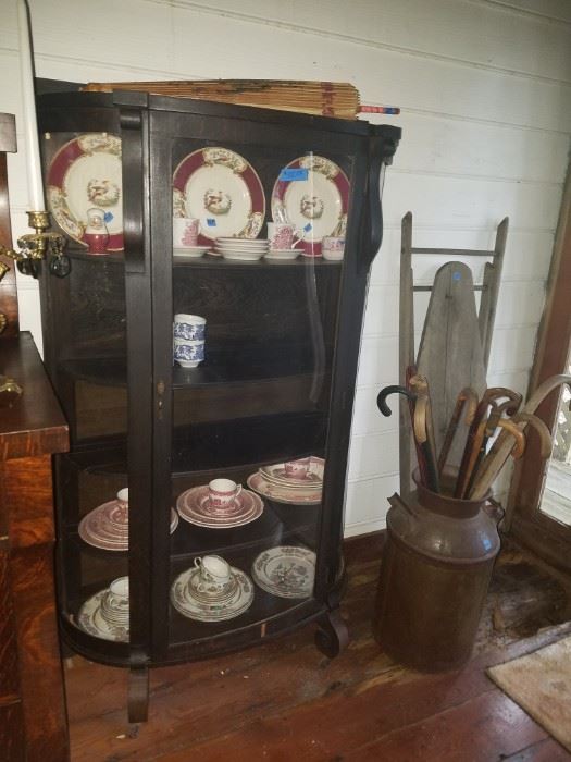 Empire curio cabinet, antique & vintage china, antique milk can, antique ironing board, vintage walking canes