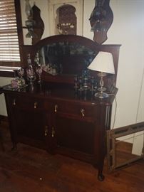 English Mahogany buffet, Venetian glass, antique hurricane lamps, vintage phone, 