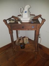 Antique wash stand, Hall pottery wash pitcher & bowl
