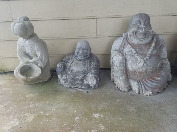 Vintage Hotei concrete statues & Geisha fountain