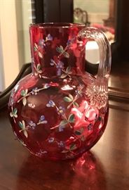 Cranberry hand painted pitcher