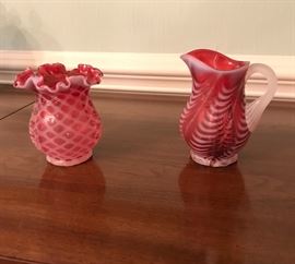 Fenton glass cranberry vase and pitcher