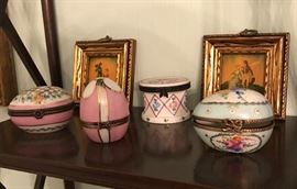 Close-up view of Limoges ring boxes & miniature prints