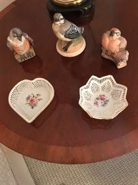 Borzellan heart dish; Moga (Romanian) round dish; and Boehm figurines - "Fledgling Blue Bird," "Baby Blue Jay," & "Fledgling Red Poll"