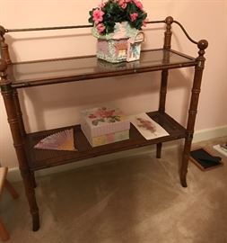Vintage Rattan brass and glass floor shelf