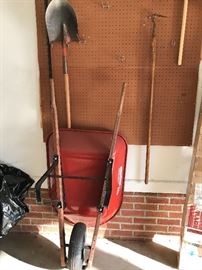 Wheel barrow, shovel and various tools