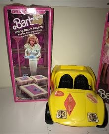 Vintage Barbie living room accents and dune buggy