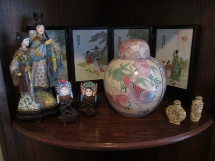 Asian Collectibles:  Ginger Jar, Bowl, Dolls, Screen and    Snuff Bottles