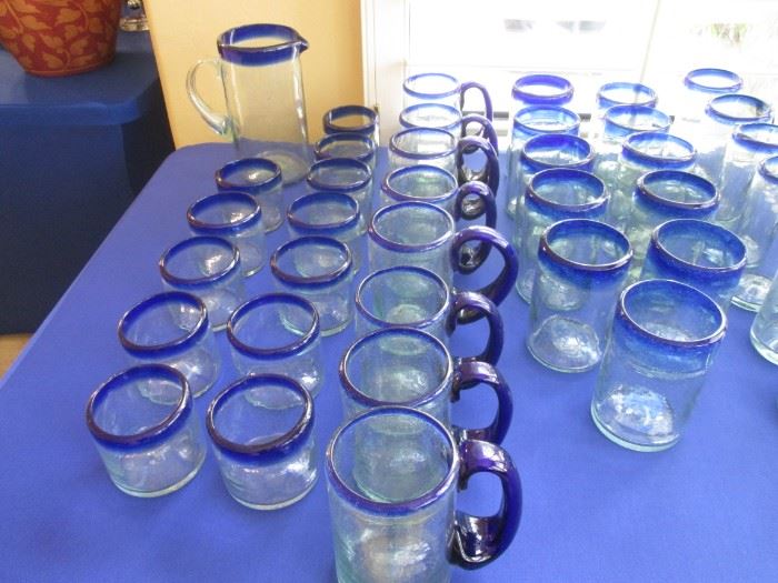 Mexican Hand-Blown, Cobalt-Blue Rim Glassware, Mugs & Pitcher