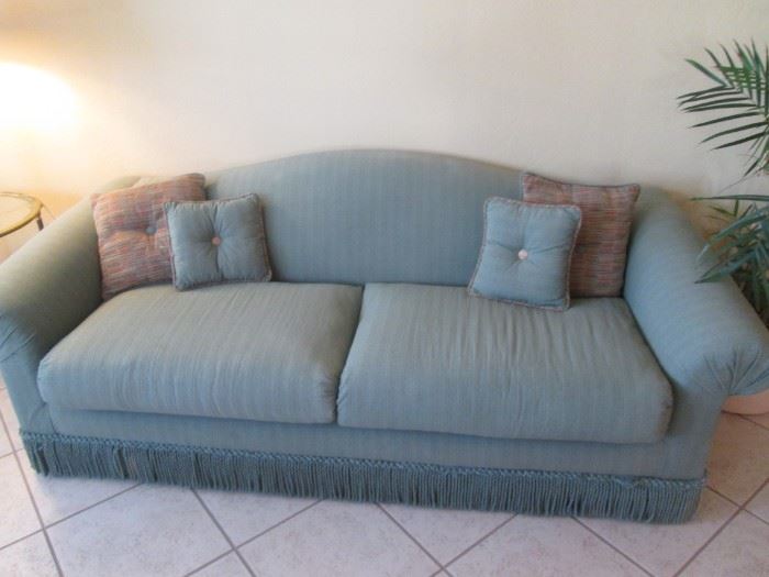 Camelback-Style Sofa with Bullion Fringe, Pale Green Color