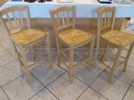 3-Bar Stools, light wood frames & rush seats