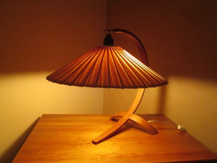 MCM Teak Bentwood Base Accent Lamp, Shade is Balsa Wood.  Very Different Design!  So Unique...