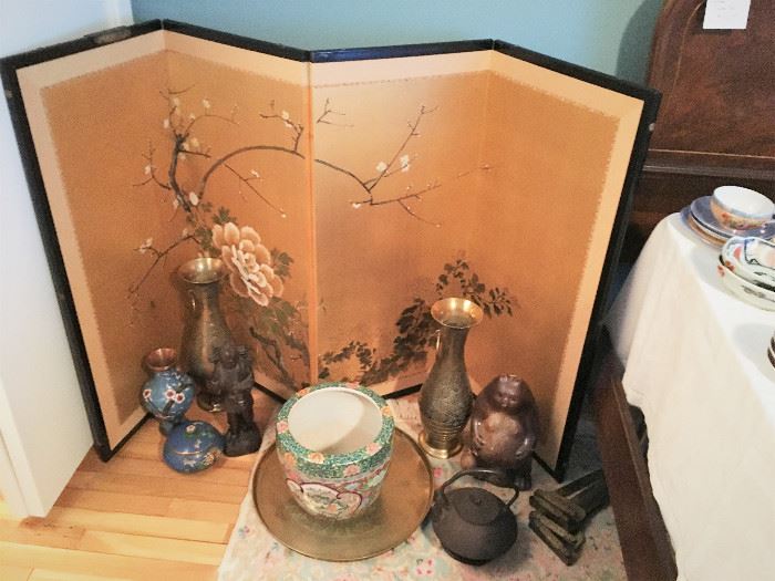 All Japanese collectibles were purchased in Japan from 1956-1959.  Screen is believed to be highlighted with gold leaf. Large brass tray,  enameled brass vase and covered bowl.