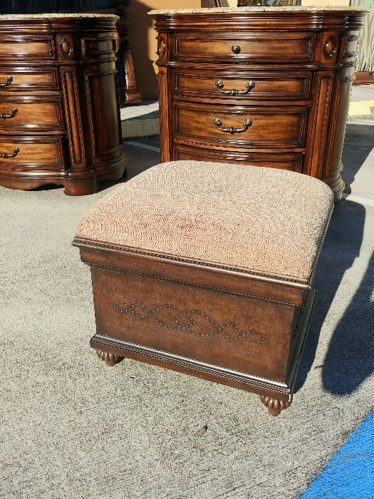 The elegance of Mediterranean style with the warm essence of the Islands resonate through the Casa Cristina Collection by Pulaski to create beautiful, livable furniture designed for today's lifestyle. Wood Box With Brown Fabric Cushion; Top Opens for Storage; 22"W x 22"D x 19"H; $200; ref #: 19982