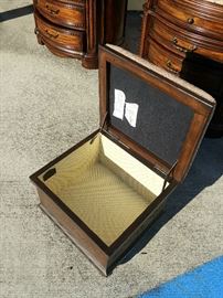 The elegance of Mediterranean style with the warm essence of the Islands resonate through the Casa Cristina Collection by Pulaski to create beautiful, livable furniture designed for today's lifestyle. Wood Box With Brown Fabric Cushion; Top Opens for Storage; 22"W x 22"D x 19"H; $200; ref #: 19982