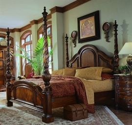 The elegance of Mediterranean style with the warm essence of the Islands resonate through the Casa Cristina Collection by Pulaski to create beautiful, livable furniture designed for today's lifestyle.
Carved turned beaded post with flame finial; Multi framed; Being Sold as part of a 4 Piece Bedroom Set along with a matching 2 Nightstand & 9 Drawer Dresser; 84"W x 100"D x 86"H; $4100 for the Set; ref #: 19982