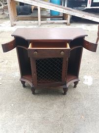 Bombay Chest; Burled Bird's Eye Top; 1 Drawer, 2 Mini Doors, 1 Wire Lattice Door; Made by Councill; 36"W x 18"D x 34"H; $400; ref #:18787