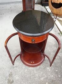 Cylinder End Table; Black Granite Top; Glass Doors; 2 Available; Sold Separately; Made by Bombay; 17"W x 17"D x 27"H; $125; ref #: 19968