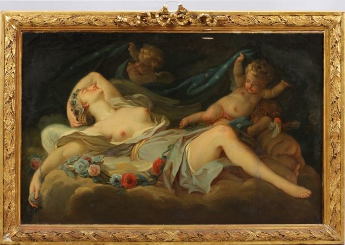 CHARLES MICHEL-ANGE CHALLE (FRENCH 1718-1778), OIL ON CANVAS, H 37", W 57 1/2", "PSYCHE SLEEPING".
Lot # 2019  